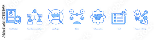 Professional Skill Development blue banner web icon set vector illustration concept with icon of qualification, team communication, job target, ethic, collaboration, goal, problem solving