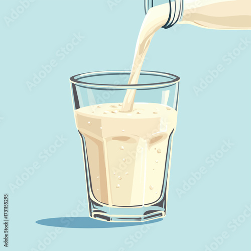 Pouring milk from a glass jar into a clear glass, showcasing a refreshing beverage experience , vector style simple color