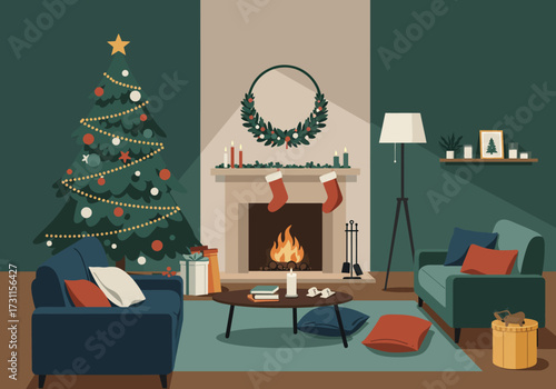 Cozy Christmas Living Room with Fireplace and Decorated Tree.