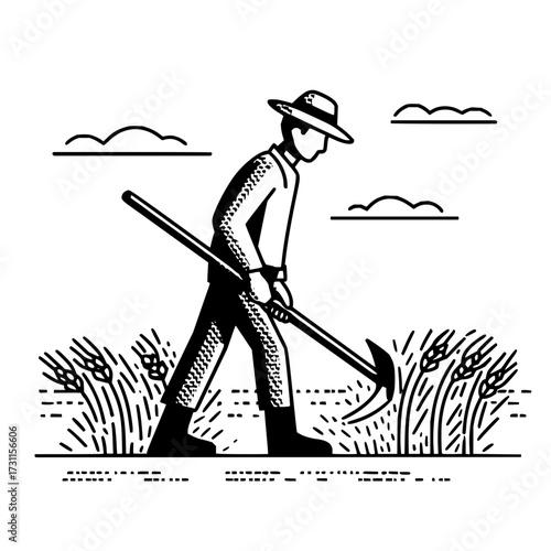 Farmer working agriculture farm with tool vector illustration agriculture farming rural scene field harvest 100