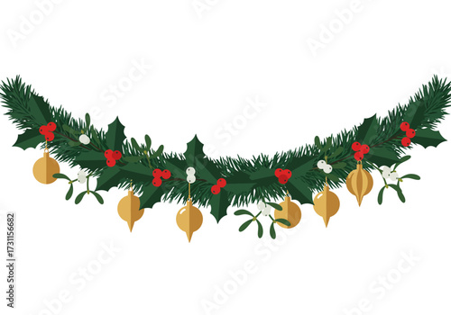Festive Christmas Garland with Ornaments and Holly Berries.