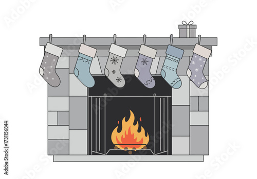 Festive Fireplace with Stockings and Warm Fire.