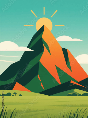 High Mountains And Green Grass Fields Illustrator Artwork Design Template Poster
