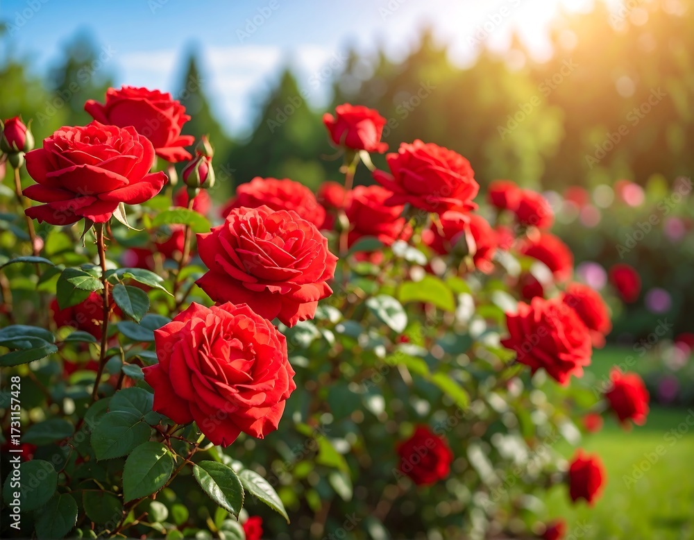 Fototapeta premium Lush red roses in a garden on a sunny day
