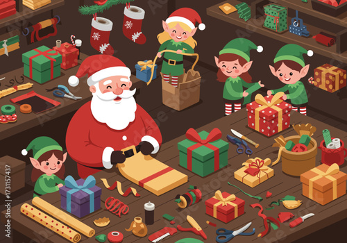 Santas Workshop Elves and Christmas Gifts Preparation.