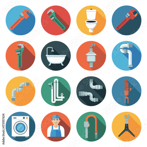 Collection of plumbing tools and fixtures in colorful circular icons