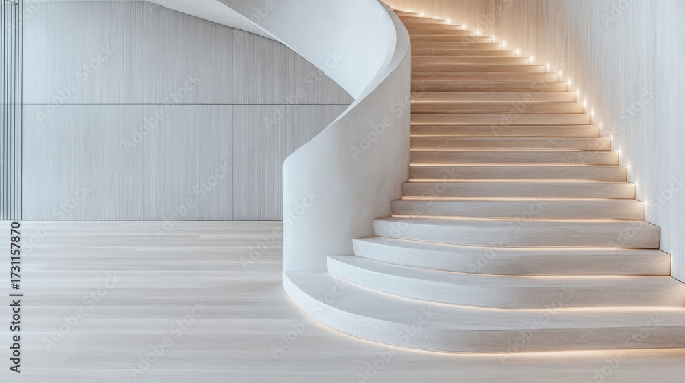 Naklejka premium Elegant spiral staircase with soft lighting creates serene atmosphere in modern space