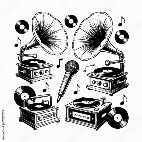 Vintage music collection with gramophones records and microphone