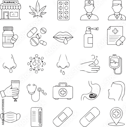 Medical and Health Related Line Art Icons Keywords: pharmacy, marijuana leaf, pills, blister