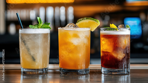 Refreshing cocktails lined up on bar counter with ice and garnishes