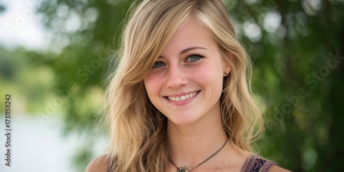 Smiling Young Woman with Long Hair Against a Natural Background