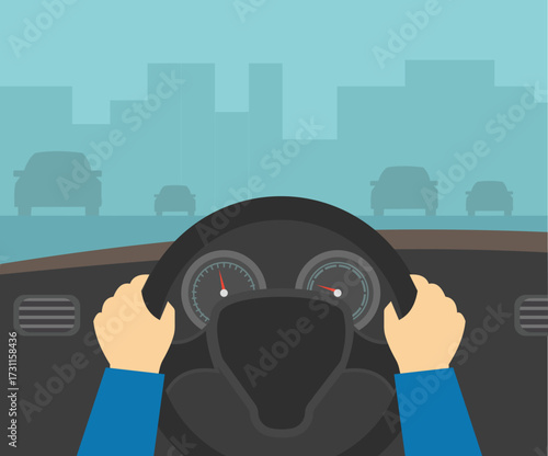 Hands on the wheel. Driving in the city. Stock Illustration