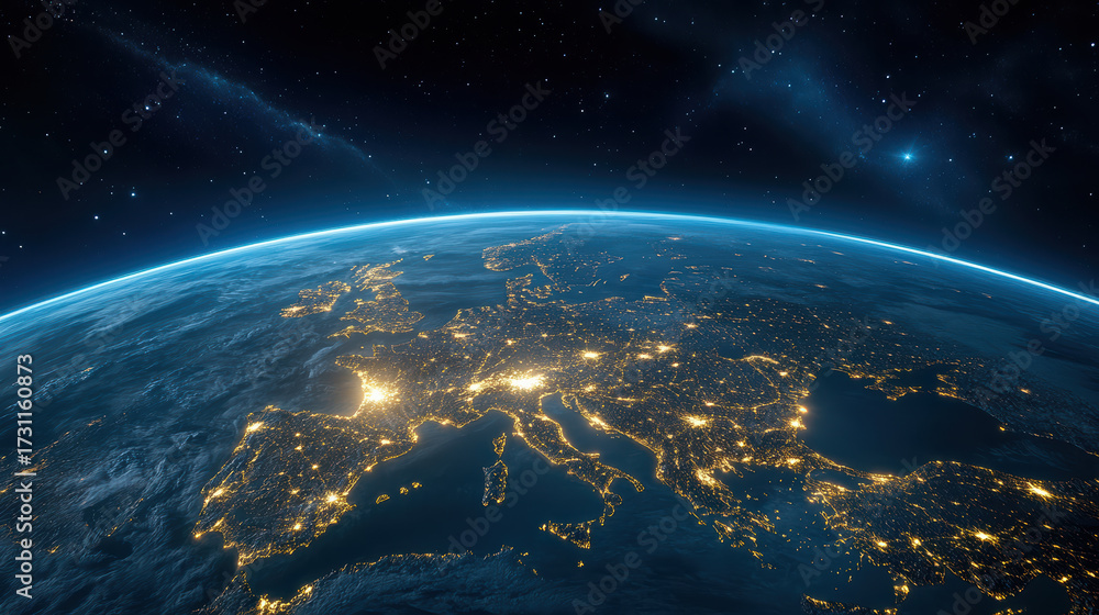 Obraz premium Earth view from space showcasing Europe illuminated at night, with stars in background