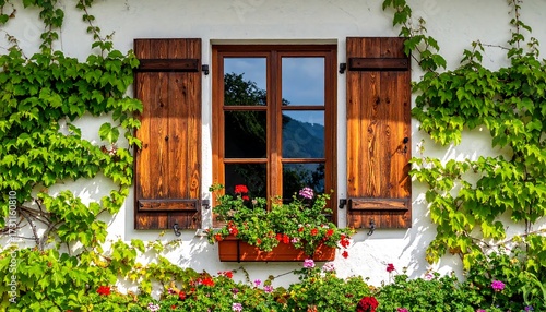 Rustic window with flowers and vines