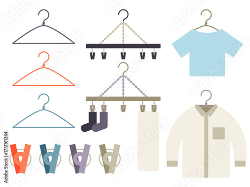 Illustration showing various types of clothes hangers, clothing, and clothespins, all isolated on white.