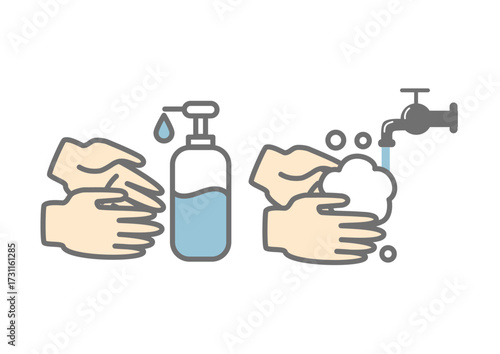 Illustration depicting the process of handwashing, including soap dispensing and rinsing under water.