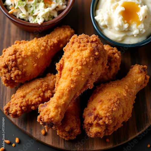 Crispy fried chicken drumsticks with french fries and spicy dipping sauce on wooden board