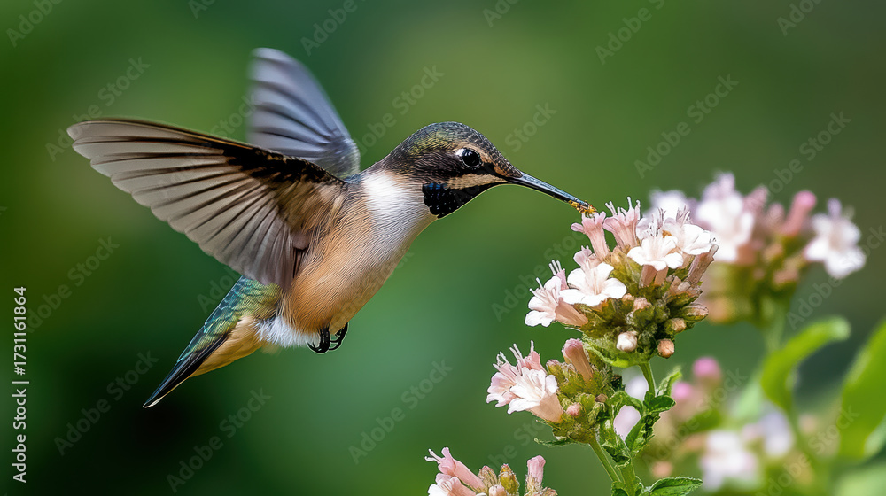 Fototapeta premium Hummingbird hovering mid air, sipping nectar from vibrant flowers, showcasing nature beauty