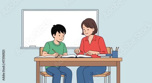 A caring teacher helps a young student with his studies at a desk.