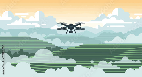 A drone flies over a landscape with rolling hills and clouds.