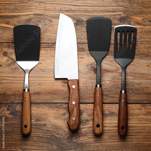 Kitchen utensils on wooden table