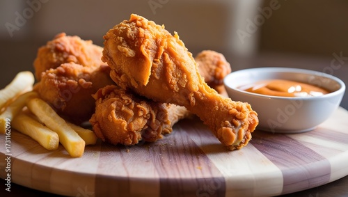 Crispy fried chicken drumsticks with french fries and spicy dipping sauce on wooden board