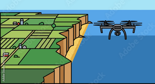 A drone hovers over the ocean near a cliff.