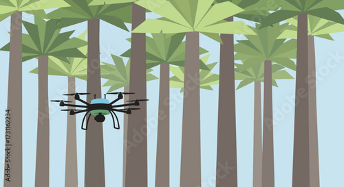 A drone with a camera flies through a forest.