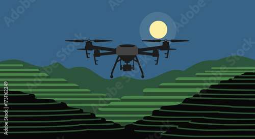A drone with four propellers flying in the night sky.