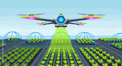 Advanced agricultural drone monitoring crops in a futuristic farm.