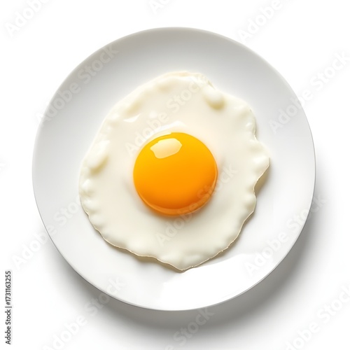 Fried egg on white plate isolated on white background, breakfast concept