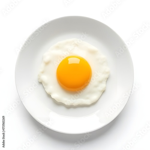 Fried egg on white plate isolated on white background, breakfast concept