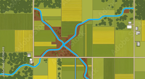 Aerial view of a rural landscape with a winding river and agricultural fields.