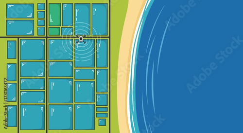 Aerial view of aquaculture fish farm ponds next to the ocean.