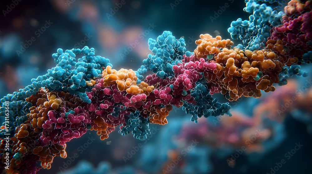 Obraz premium Spliceosome 3D complex: protein–RNA machinery performing pre-mRNA splicing. Structural molecular biology, gene expression, snRNPs, RNA processing. DNA, genetics, biotechnology, pharma, life science.