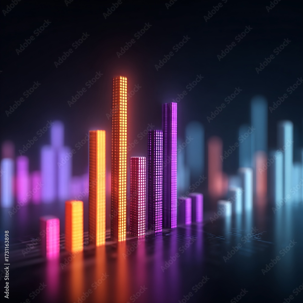 Fototapeta premium Vibrant glowing bar charts illustrating abstract business data trends and technological progress