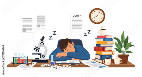 Exhausted student asleep at desk amidst books microscope and scattered papers.