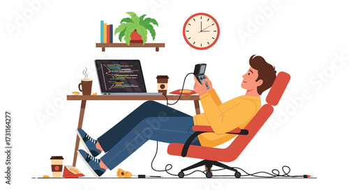 Relaxed Programmer Enjoying a Break with a Handheld Device and Coffee.