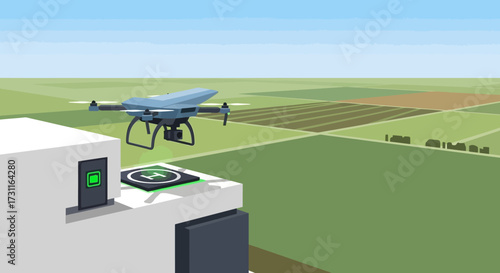Blue drone hovering above a white building with a helipad.