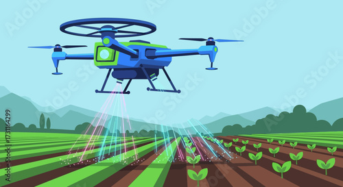 Blue drone flying over a green farm field spraying crops.