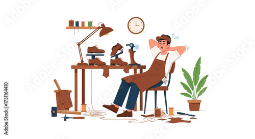 Exhausted shoemaker in apron rests amidst his tools and unfinished leather shoes.
