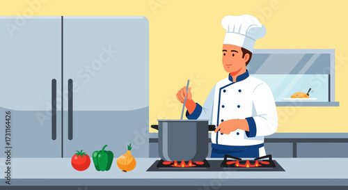 Chef cooking in a kitchen with fresh ingredients.