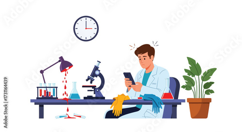 A Worried Scientist Texting Amidst Lab Experiment Mishaps and Broken Glassware.