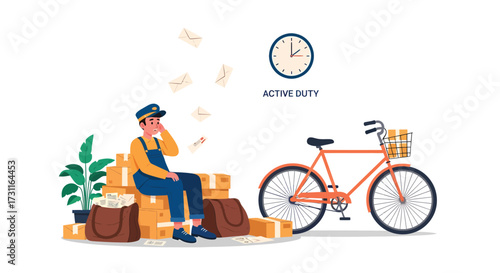 Overwhelmed Mail Carrier with Bicycle Clock and Piles of Packages and Letters.