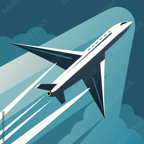 Airplane soaring through blue sky with light rays aircraft