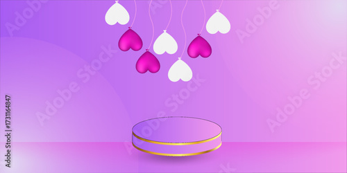 Set of 3D valentine day background pink, red, white cylinder podium with floating pastel balloon heart shape. Vector geometric platform. Abstract mockup product display. Minimal scene. Stage showcase.