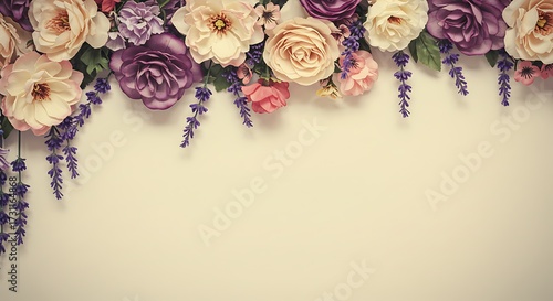 Fototapeta Naklejka Na Ścianę i Meble -  Elegant floral arrangement with various rose types and lavender against a neutral background