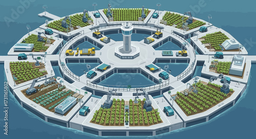 Circular Floating City with Agriculture and Transportation.