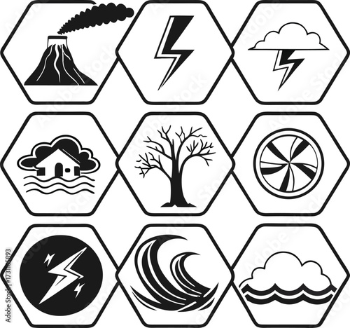 Icons of Natural Disasters in Hexagons symbols volcano