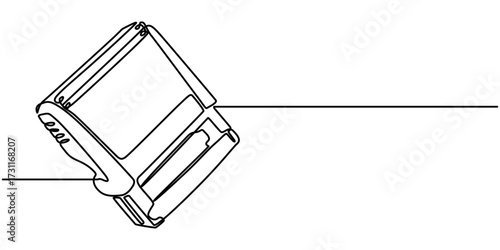 Single continuous line drawing of a rubber stamp. Minimalist sketch style symbolizing approval, certification, document validation, or authority in simple design. 